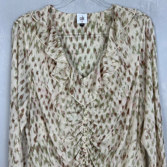 Cabi size XL Dapple top long sleeve ruched ruffle v-neck stretch mesh beige 4532 - Picture 3 of 14